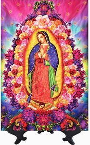 Our Lady of Guadalupe ceramic tile on stand with vibrant colors.