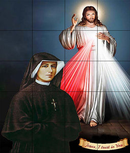 Divine Mercy Jesus with St. Faustina in foreground.  The phrase "Jesus I Trust In You" adorns the sash below the portrait of Jesus.
