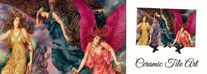Choir of angels in vibrant pink, blue & yellow with ceramic tile art sample on stand