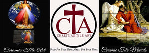 Christian Tile Art Storefront image with Divine Mercy image, store logo, & Agony in the Garden mural photo