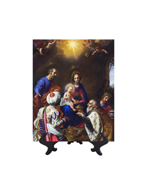 8x10 Adoration of the Kings - Three Wise Men Visit the Christ Child on ceramic tile & stand & no background