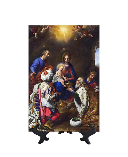 8x12 Adoration of the Kings - Three Wise Men Visit the Christ Child on ceramic tile & stand & no background