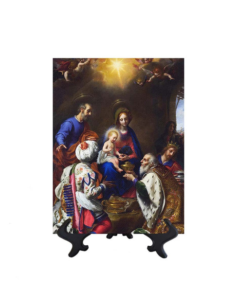 6x8 Adoration of the Kings - Three Wise Men Visit the Christ Child on ceramic tile & stand & no background