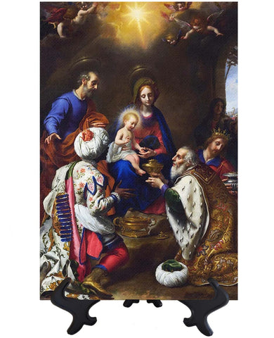 Main Adoration of the Kings - Three Wise Men Visit the Christ Child on ceramic tile & stand & no background