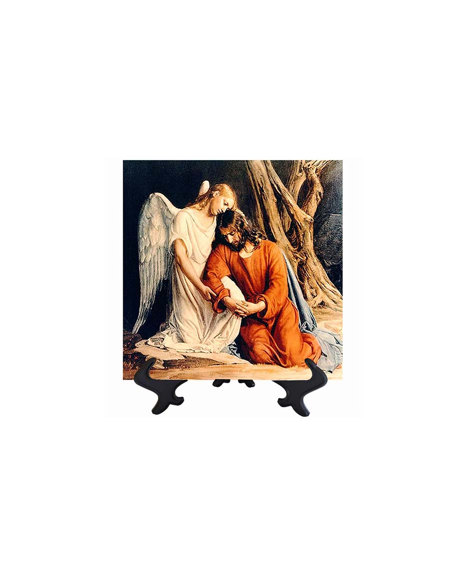 8x8 Gethsemane (Agony in the Garden) - Carl Bloch painting on ceramic tile with stand & no background