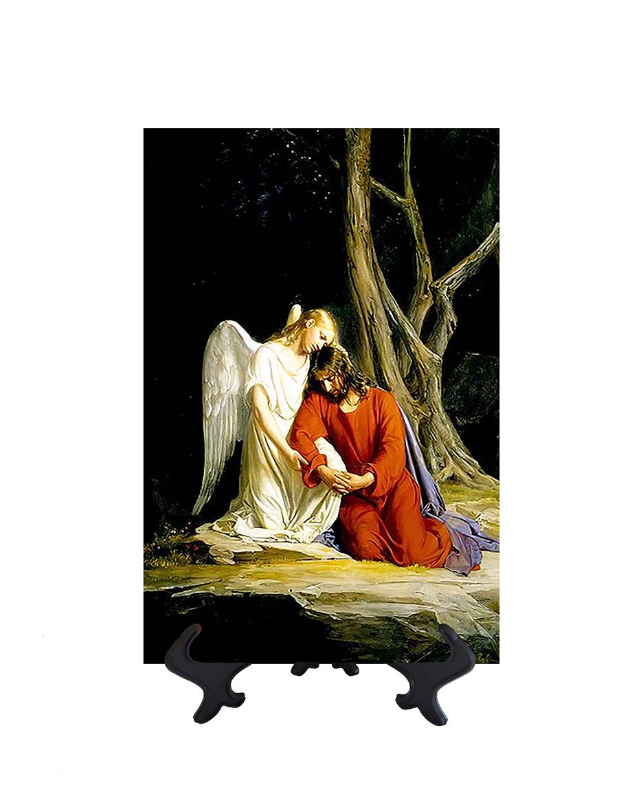 8x12 Gethsemane (Agony in the Garden) - Carl Bloch painting on ceramic tile with stand & no background