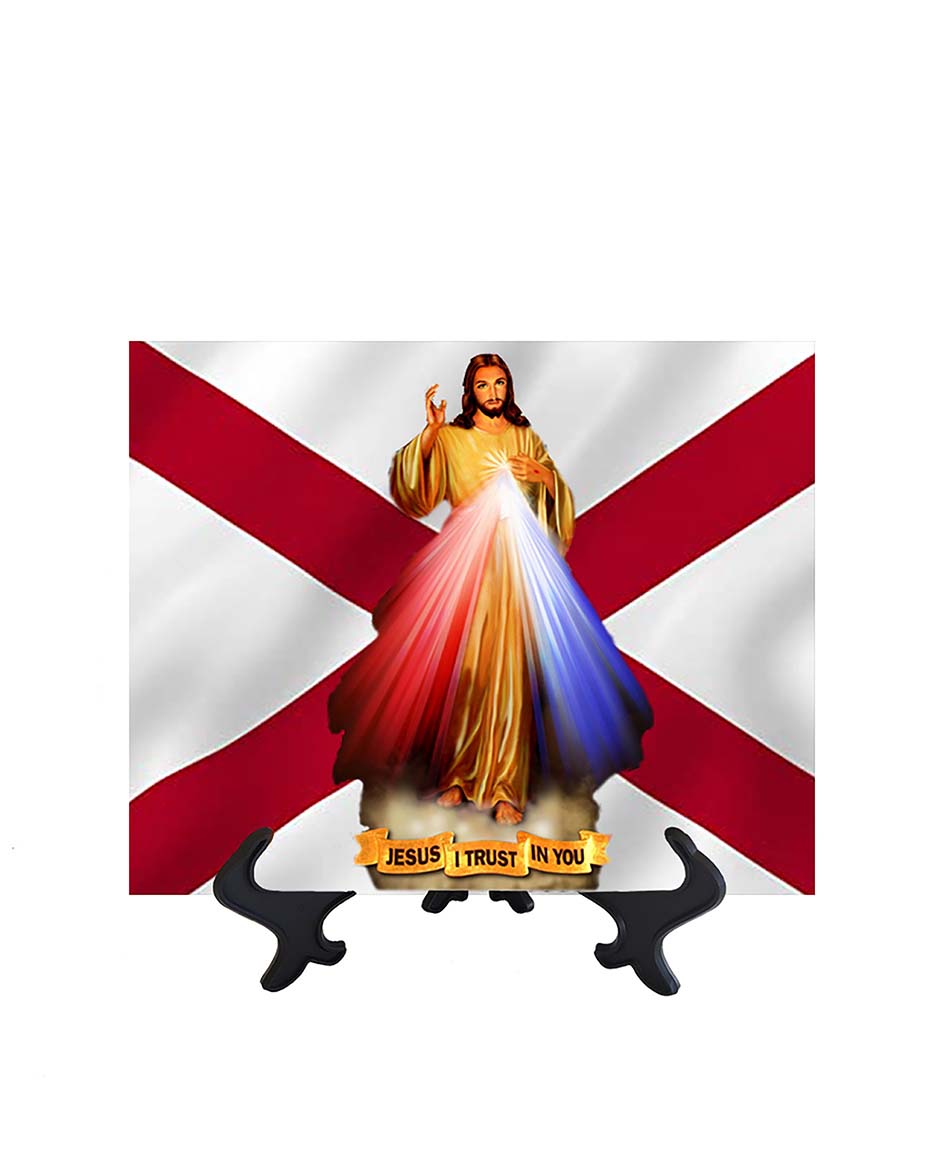 Alabama Flag with Divine Mercy Jesus image in forefront on ceramic tile on stand