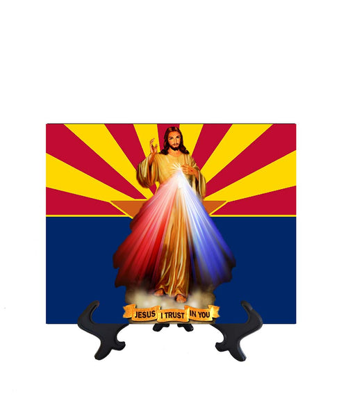 Arizona Flag with Divine Mercy Jesus image in forefront on ceramic tile on stand
