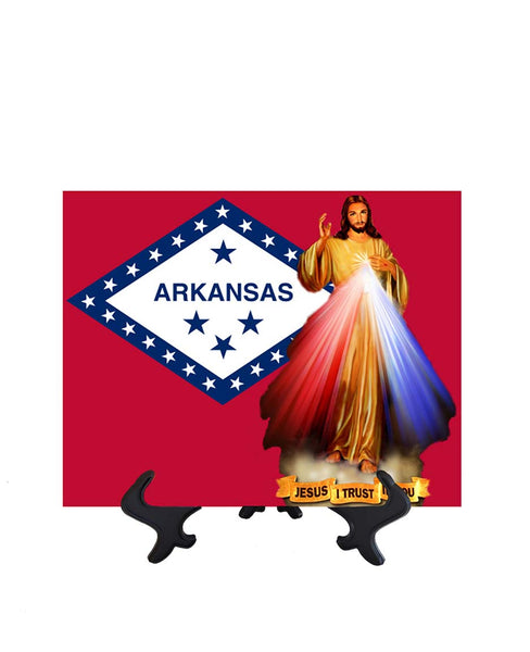 Arkansas Flag with Divine Mercy Jesus image in forefront on ceramic tile on stand