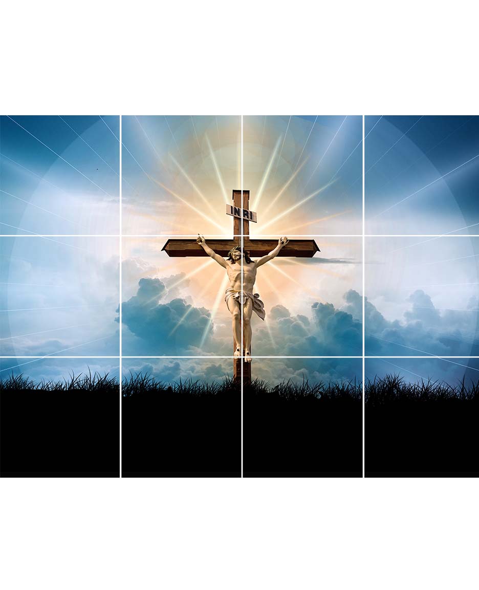 12 tile mural with crucified Christ & cloud background with sun's rays
