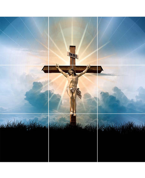 9 tile mural with crucified Christ & cloud background with sun's rays