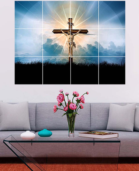 mural with crucified Christ & cloud background with sun's rays & no background