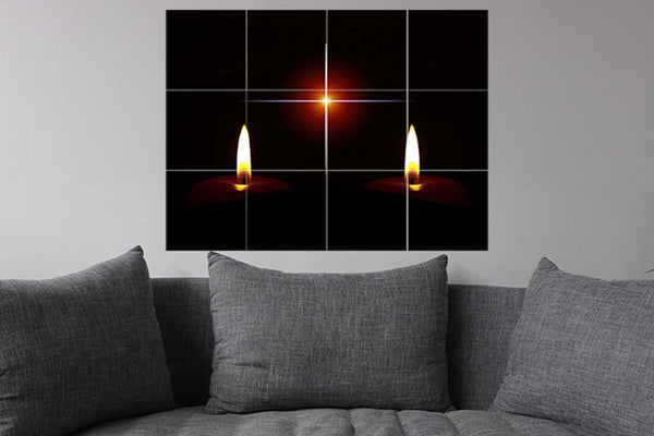 Candles & cross mural on wall & no background