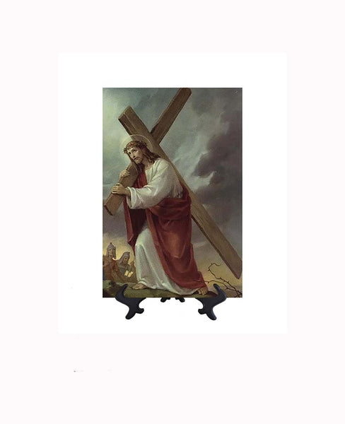 8x12 Jesus Christ carrying the cross painting on ceramic tile with stand & no background