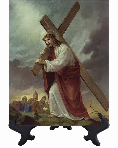 Main Jesus Christ carrying the cross painting on ceramic tile with stand & no background