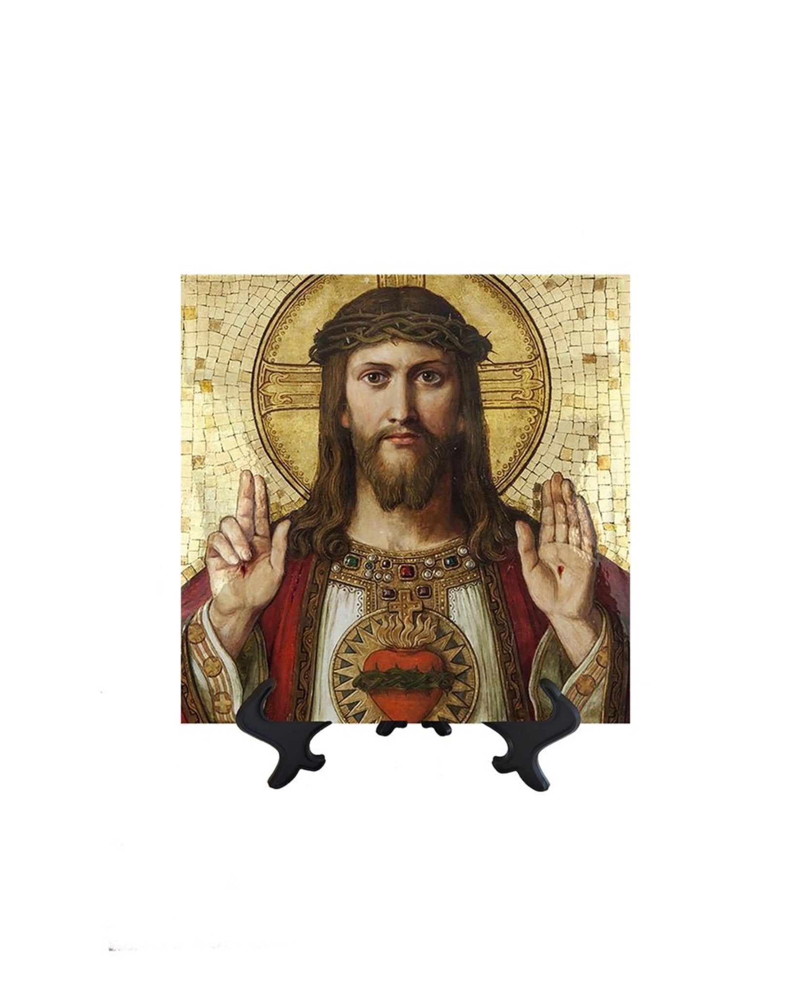8x8 Christ Pantocrator - Sacred Heart of Jesus on ceramic tile and stand with no background