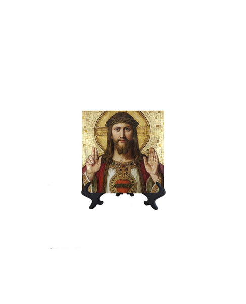 4x4 Christ Pantocrator - Sacred Heart of Jesus on ceramic tile and stand with no background