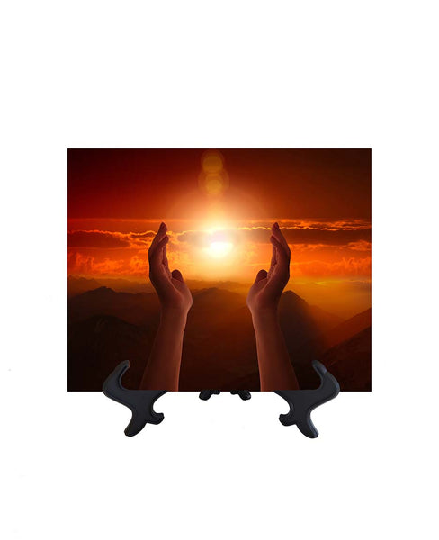 8x10 Hands folded in prayer with golden sun in the background on stand & no background