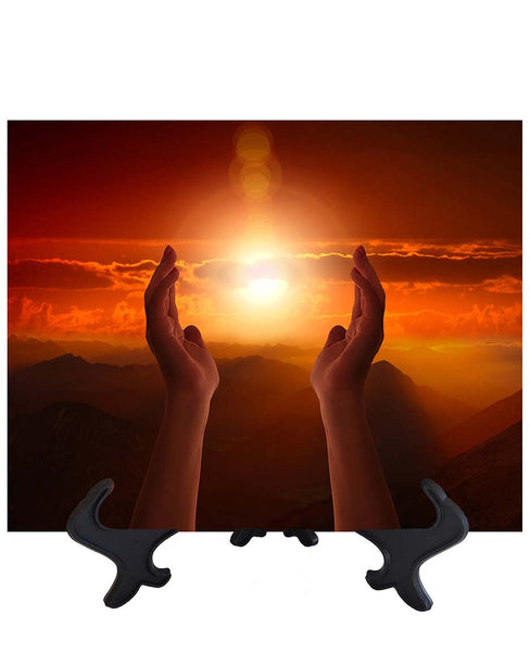 Main Hands folded in prayer with golden sun in the background on stand & no background
