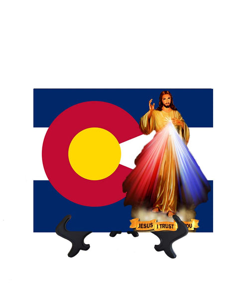 Colorado Flag with Divine Mercy Jesus image in forefront on ceramic tile on stand