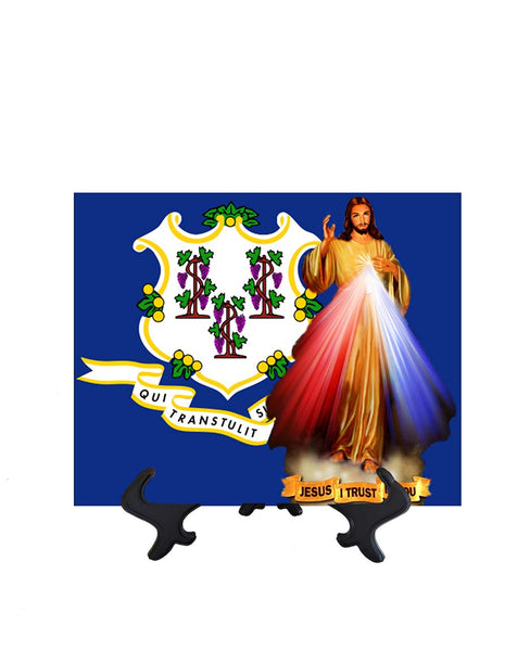 Connecticut Flag with Divine Mercy Jesus image in forefront on ceramic tile on stand