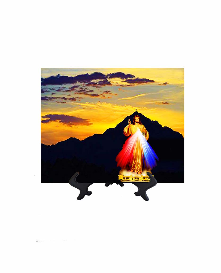 8x12 Divine Mercy picture ceramic tile with mountain backdrop on stand with no background
