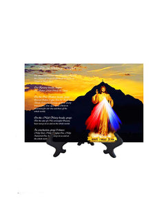 8x12 Divine Mercy Art ceramic tile with cross mountain backdrop & stand & no background
