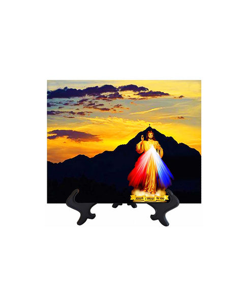 8x10 Divine Mercy picture ceramic tile with mountain backdrop on stand with no background