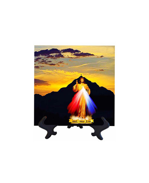 8x8 Divine Mercy picture ceramic tile with mountain backdrop on stand with no background
