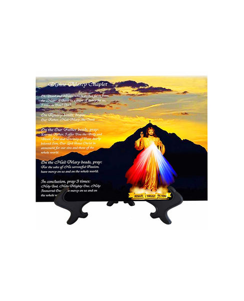 8x10 Divine Mercy Art ceramic tile with cross mountain backdrop & stand & no background