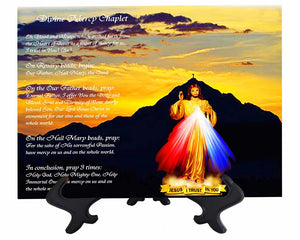 Main Divine Mercy Art ceramic tile with cross mountain backdrop & stand & no background