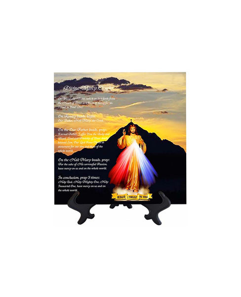 8x8 Divine Mercy Art ceramic tile with cross mountain backdrop & stand & no background