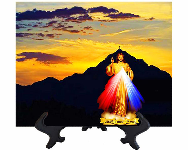Main Divine Mercy picture ceramic tile with mountain backdrop on stand with no background