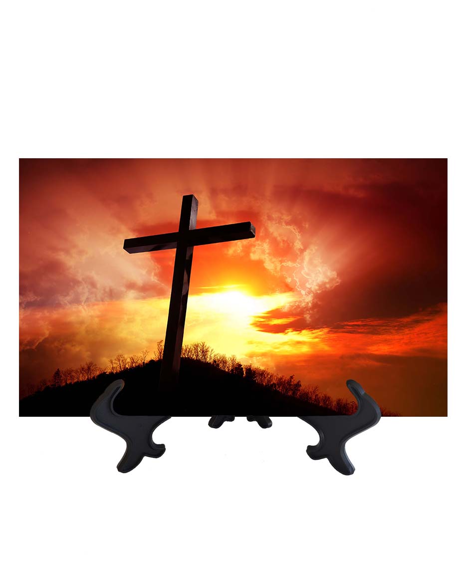 8x12 Picture of cross with orange sky backdrop & golden sun's rays on ceramic tile & stand & no background
