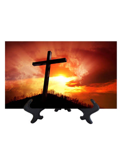8x12 Picture of cross with orange sky backdrop & golden sun's rays on ceramic tile & stand & no background