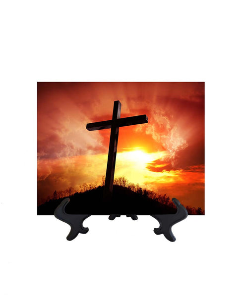 8x10 Picture of cross with orange sky backdrop & golden sun's rays on ceramic tile & stand & no background