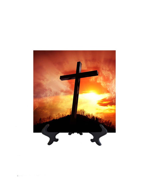 8x8 Picture of cross with orange sky backdrop & golden sun's rays on ceramic tile & stand & no background