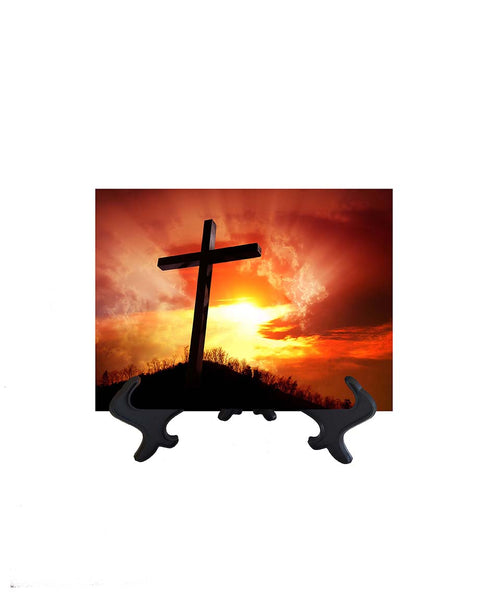 6x8 Picture of cross with orange sky backdrop & golden sun's rays on ceramic tile & stand & no background