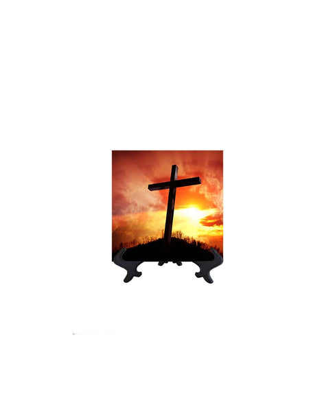 4x4 Picture of cross with orange sky backdrop & golden sun's rays on ceramic tile & stand & no background