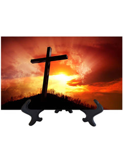 Main Picture of cross with orange sky backdrop & golden sun's rays on ceramic tile & stand & no background
