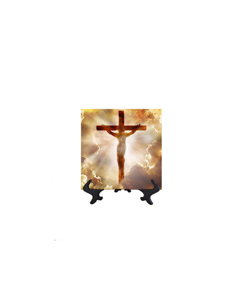 4x4 Crucifix with clouds and sun's golden rays on ceramic tile & stand with no background