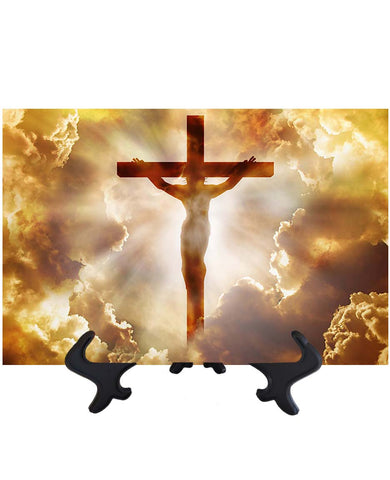 Main Crucifix with clouds and sun's golden rays on ceramic tile & stand with no background