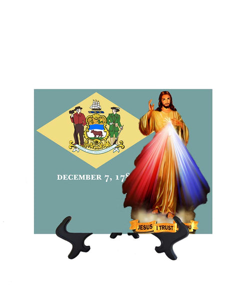 Delaware Flag with Divine Mercy Jesus image in forefront on ceramic tile on stand