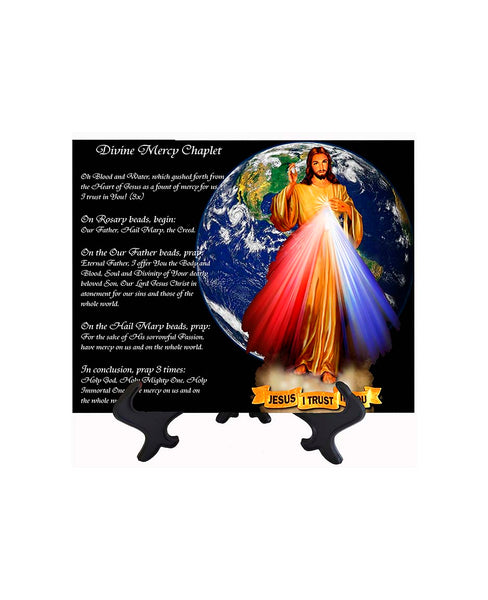 8x10 Divine Mercy Art with Earth background and Divine Mercy Chaplet & stand included & no background