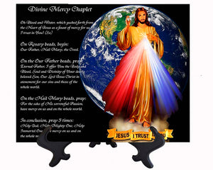 Main Divine Mercy Art with Earth background and Divine Mercy Chaplet & stand included & no background