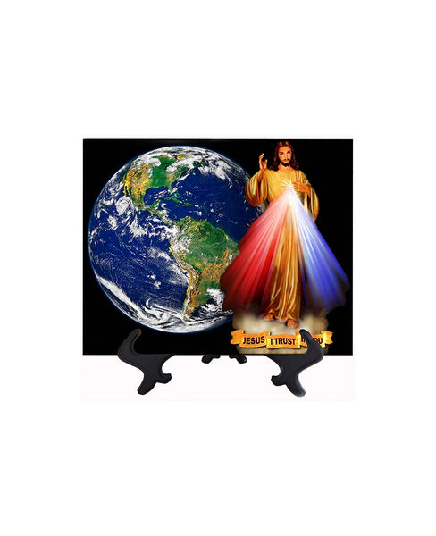 8x10 Divine Mercy Image on ceramic tile with Earth backdrop with stand & no background