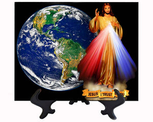 Main Divine Mercy Image on ceramic tile with Earth backdrop with stand & no background