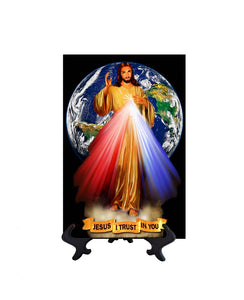 8x12 Divine Mercy Image on ceramic tile with Earth backdrop with stand & no background