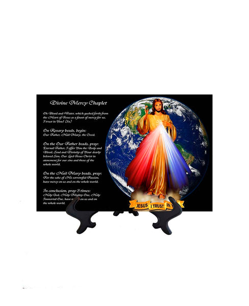 8x12 Divine Mercy Art with Earth background and Divine Mercy Chaplet & stand included & no background