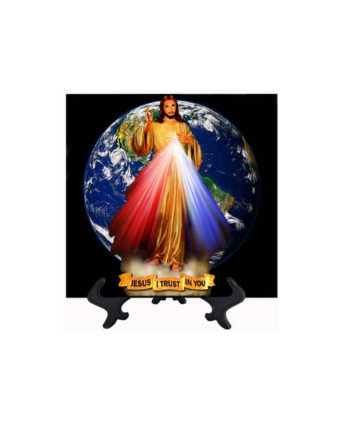 8x8 Divine Mercy Image on ceramic tile with Earth backdrop with stand & no background